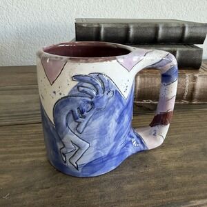Mara Handcrafted Stoneware Pottery Mug w/Dancing‎ Kokopelli Design Blue White